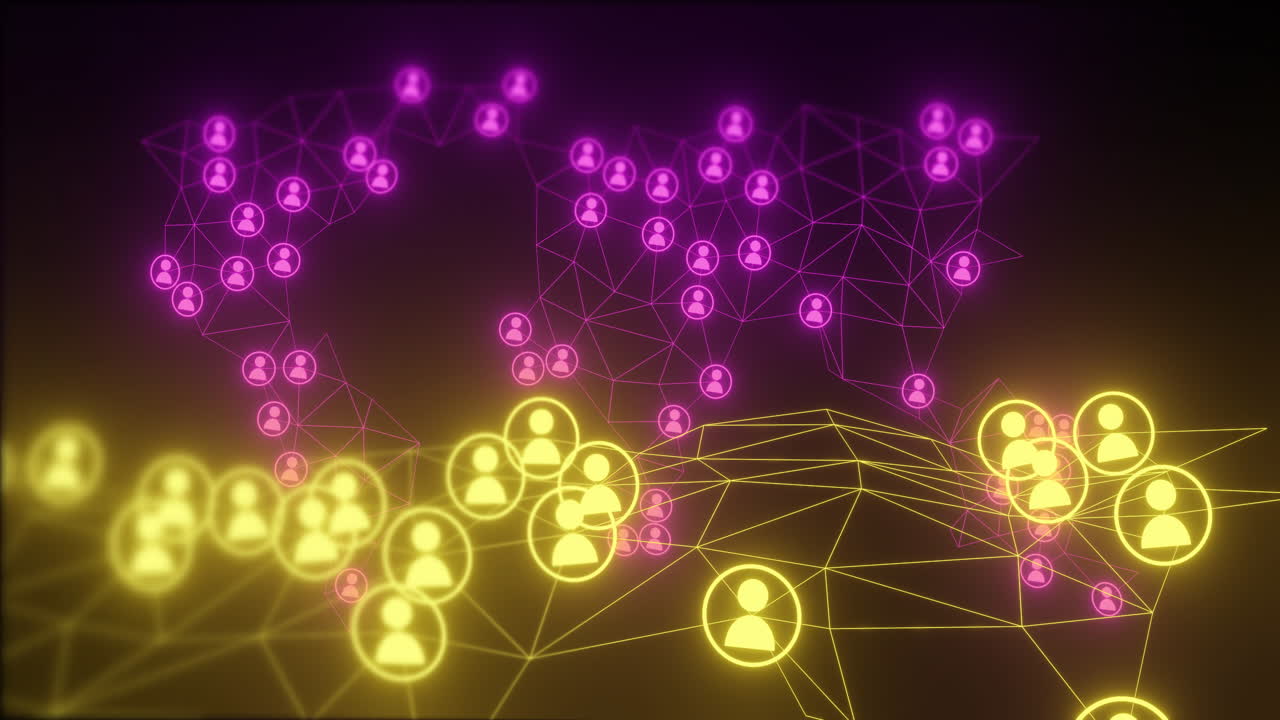 animación de la red de conexiones y iconos de usuario sobre fondo oscuro
