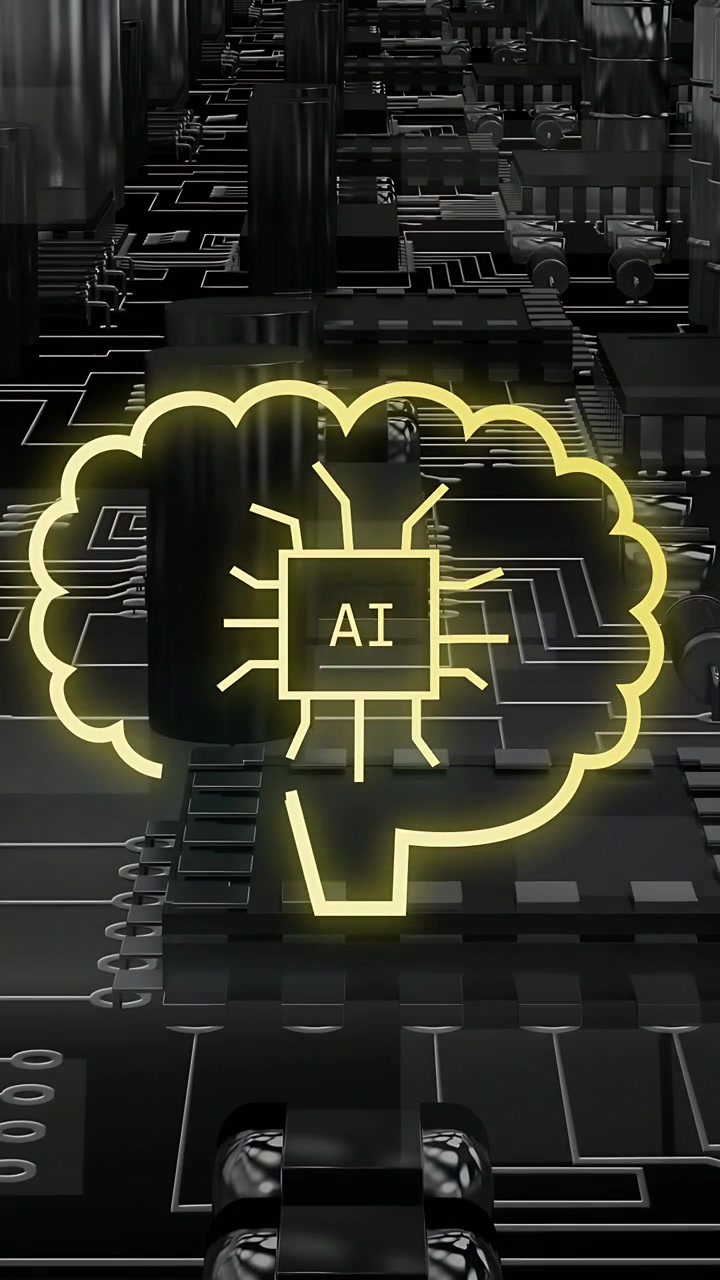 Vertical video: L line lighting, tracing brain outline over PCB, chip AI appearing, signaling AI
