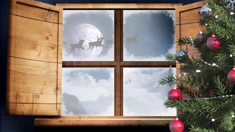 Animation of winter scenery with christmas decoration seen through window