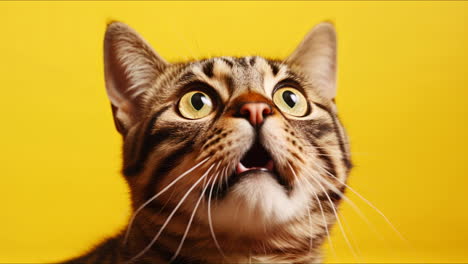 closeup portrait of surprised cat isolated on yellow background