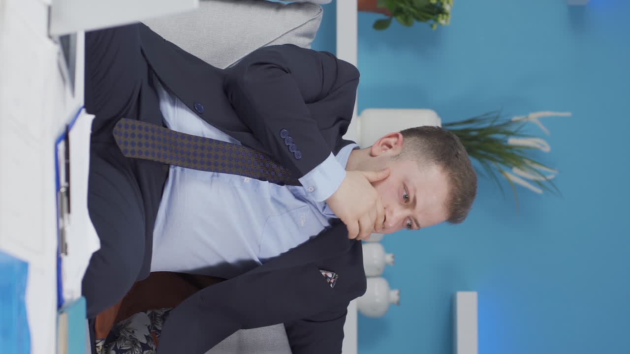 홈 오피스 근로자의 수직 비디오 남자는 그의 일을 완료하고 휴식을 취합니다.