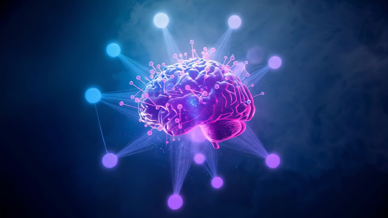 At light flash, 3D brain hovering in void, network nodes connecting via beams indicating activation