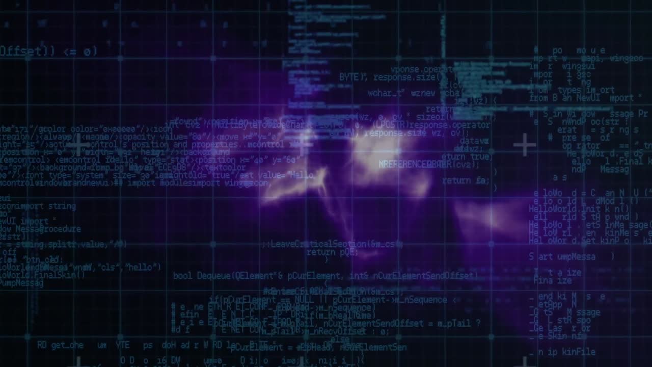 Animation of digital data processing over purple clouds and grid background
