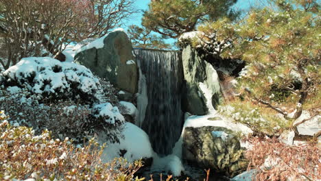 static shot of small waterfall with snow covered environment in sunny day