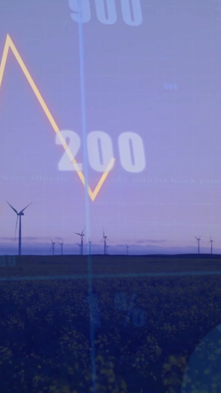 Vertical video: Animating chart overlay over wind turbines and field, data showing energy trends
