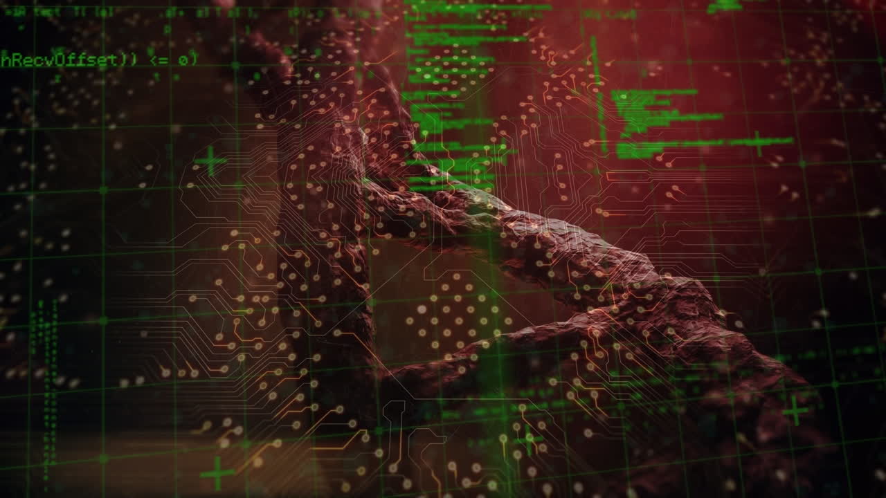 Animatie van dataverwerking en computerprintplaat over DNA-streng