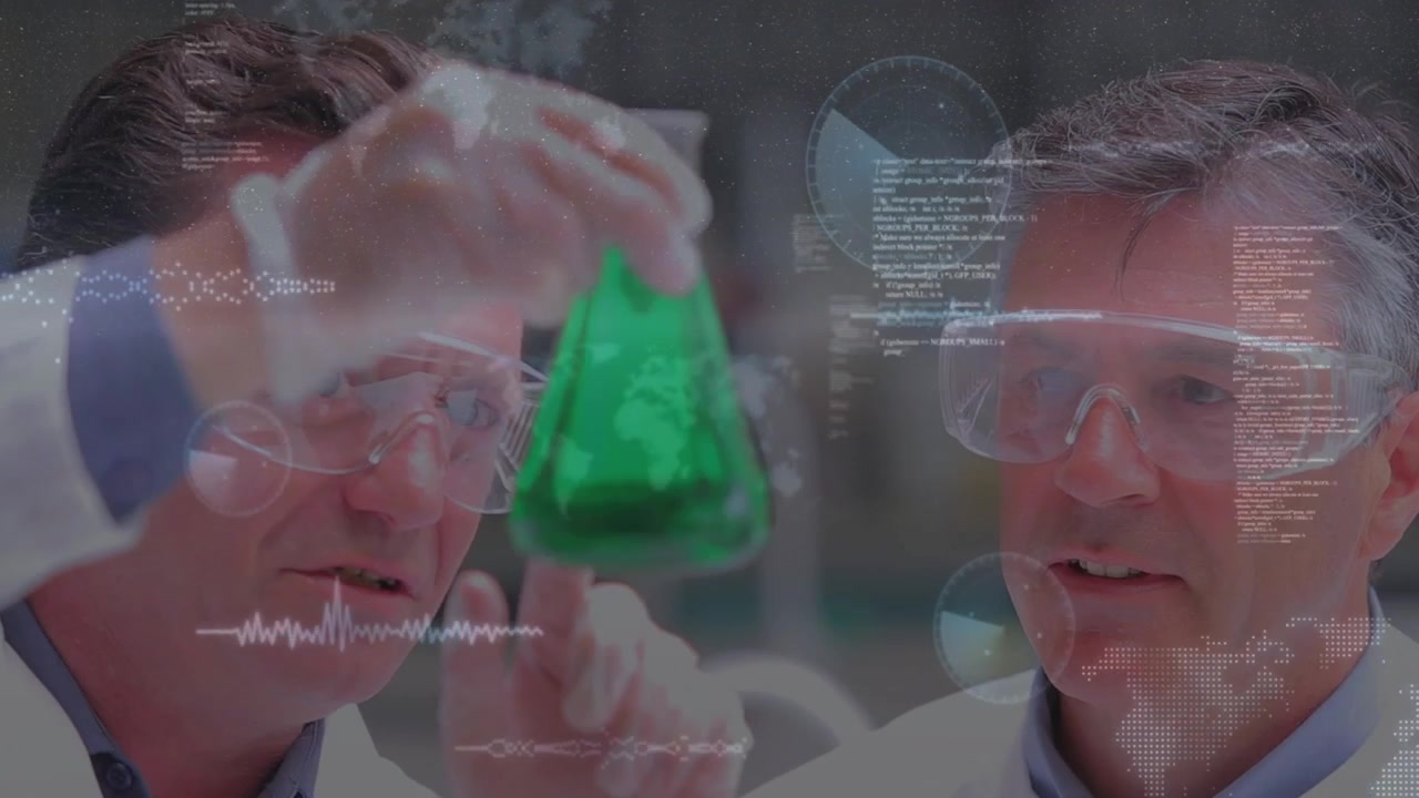 Left lab tech lifting flask, two researchers assessing green sample while HUD annotating sample