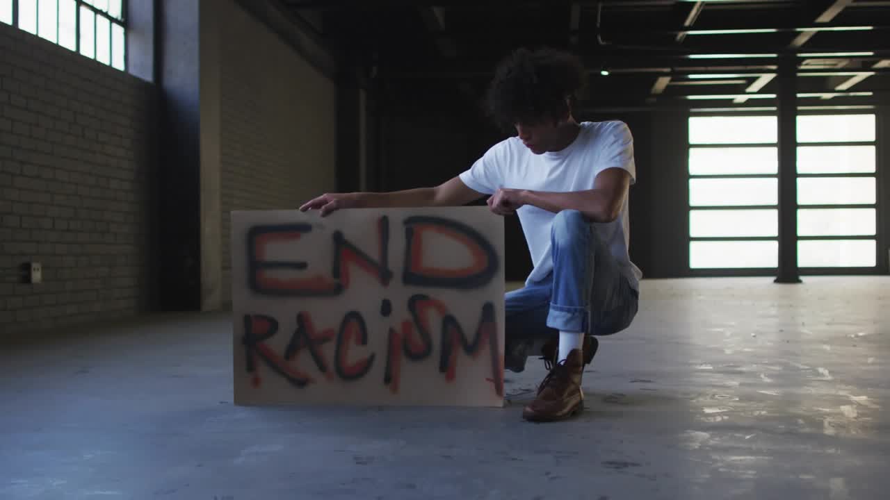 Activist crouching by spray-painted sign protesting, after placing, emojis appearing filling frame