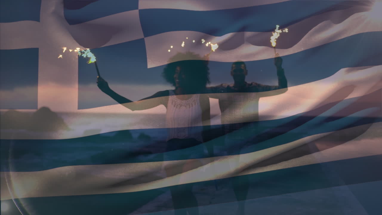 Animation of waving of greece flag over group of friends on the beach