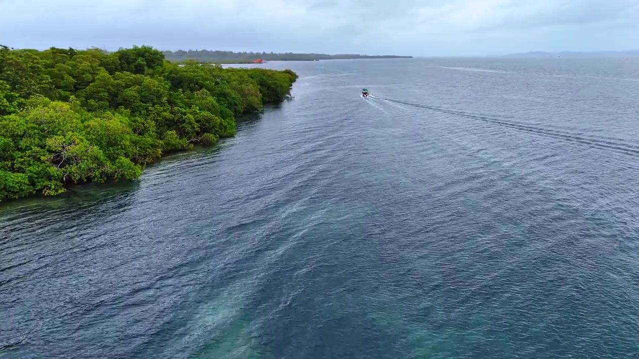 Perahu Motor di Saluran Bakau Bocas del Toro Mendung. Sebuah perahu motor kecil melintasi saluran terbuka lebar di samping pulau yang tertutup bakau di bawah langit kelabu.
