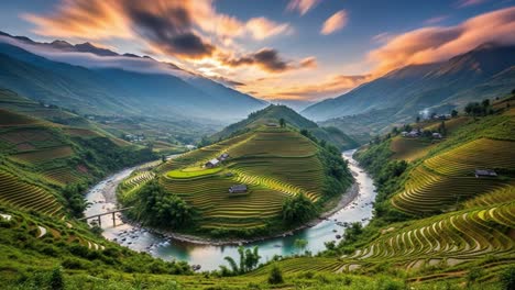 stunning rice terraces and winding river in a mountain valley at sunset