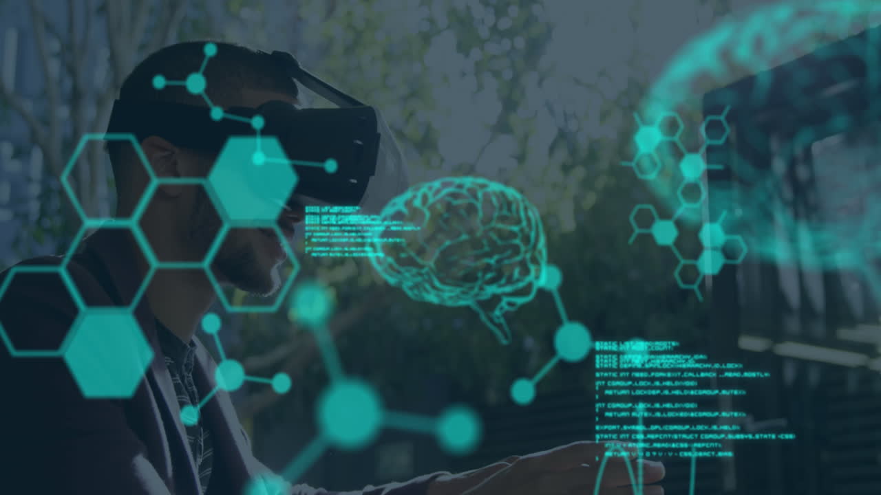 Animation of human brains spinning and data processing over man wearing vr headset