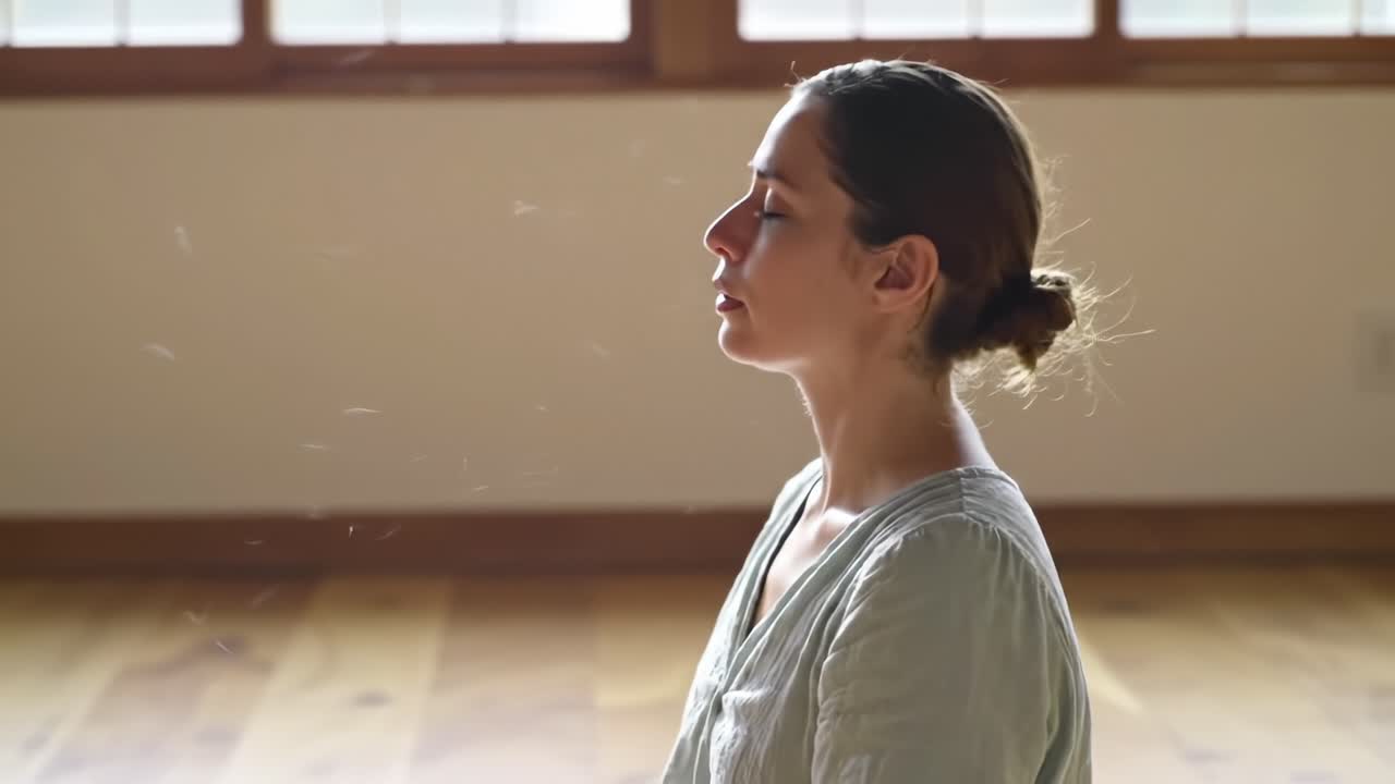 A Serene Moment of Meditation: Capturing the Tranquility and Inner Peace of a Young Woman in Repose, Reflecting in a Calm and Peaceful Environment