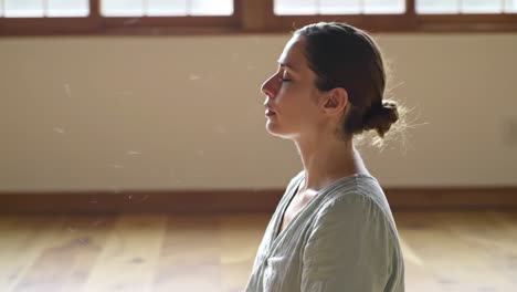a serene moment of meditation: capturing the tranquility and inner peace of a young woman in repose, reflecting in a calm and peaceful environment