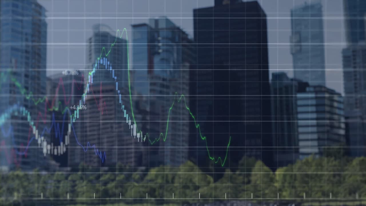 animación del procesamiento de datos financieros sobre el paisaje urbano