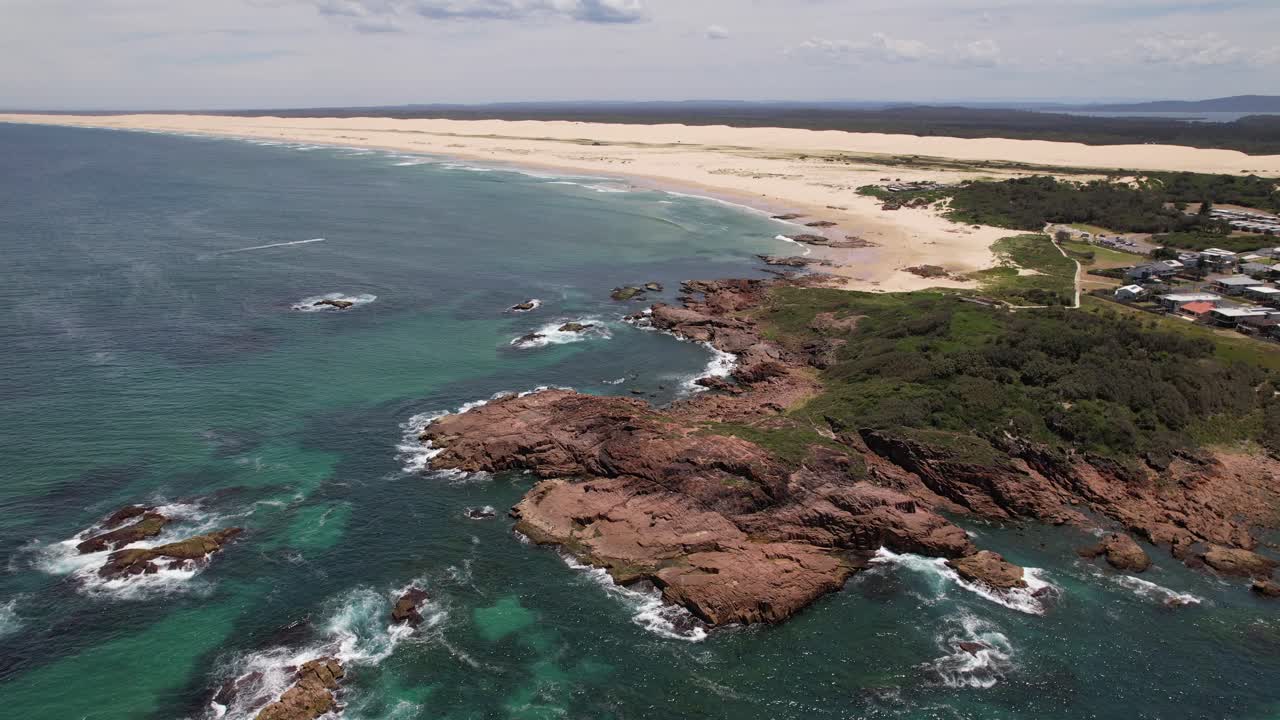 Birubi Point With Birubi Beach, Anna Bay, NSW, Australia - Aerial Drone Shot