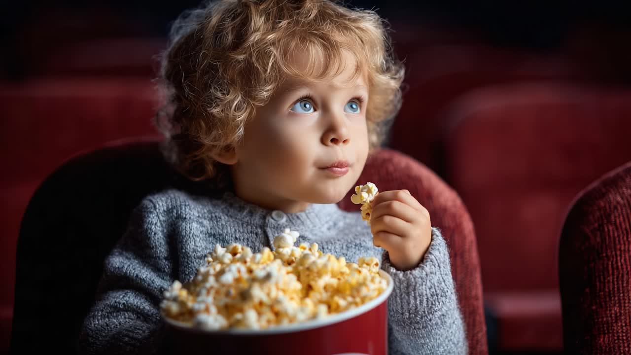 A Young Child Enjoys a Movie Experience, Captivated by the Film While Holding a Large Bucket of Popcorn in a Cozy Theater Setting