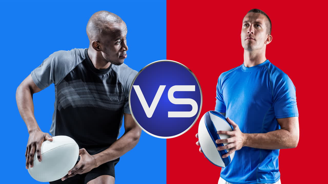 파란색과 빨간색 배경 위에 공을 들고 있는 다양한 남성 럭비 선수들의 애니메이션