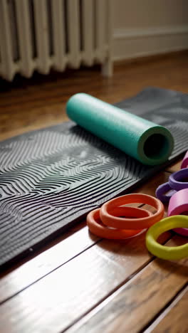 yoga mat and accessories on wooden floor
