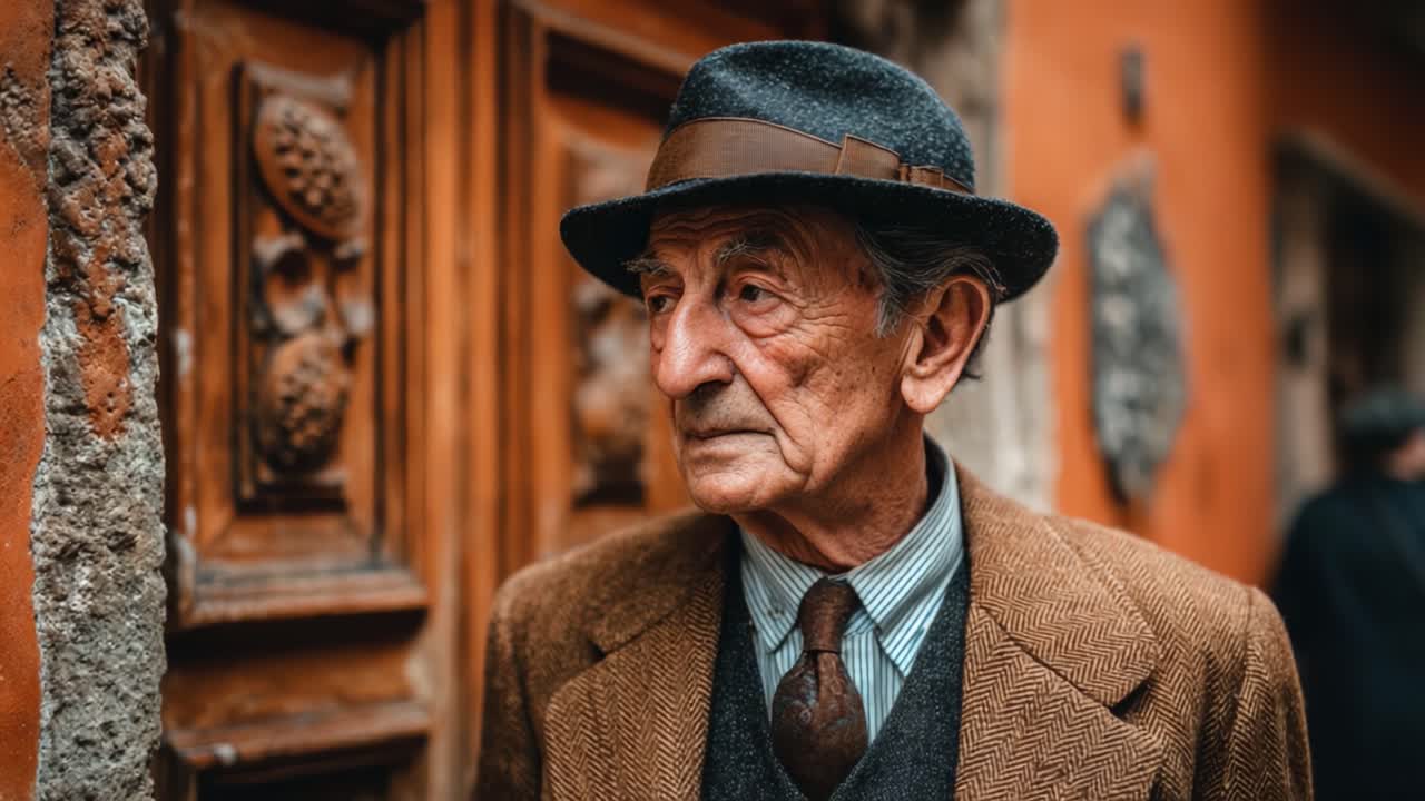 Ein eleganter älterer Herr steht nachdenklich an einer rustikalen Wand und strahlt zeitlose Weisheit und Stil mit seiner Vintage-Kleidung und seinem vornehmen Hut aus