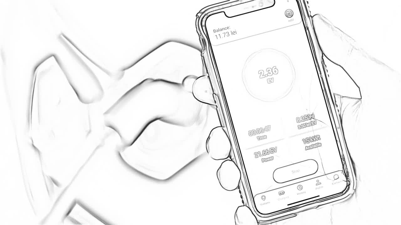 Electric car charging battery display on a phone, black an white doodle art