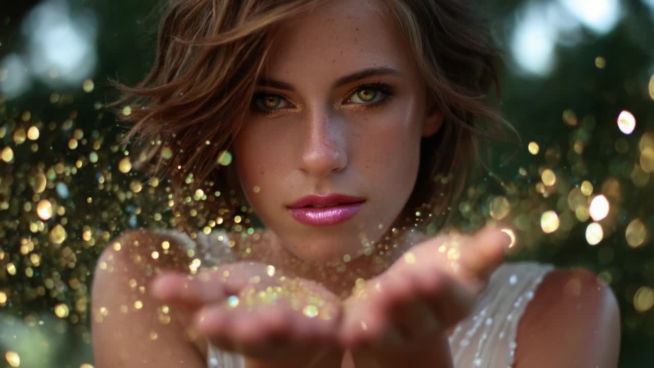 A captivating close-up of a young woman radiating confidence and grace, holding her hands forward to showcase a magical explosion of shimmering gold glitter, emphasizing beauty and enchanting energy