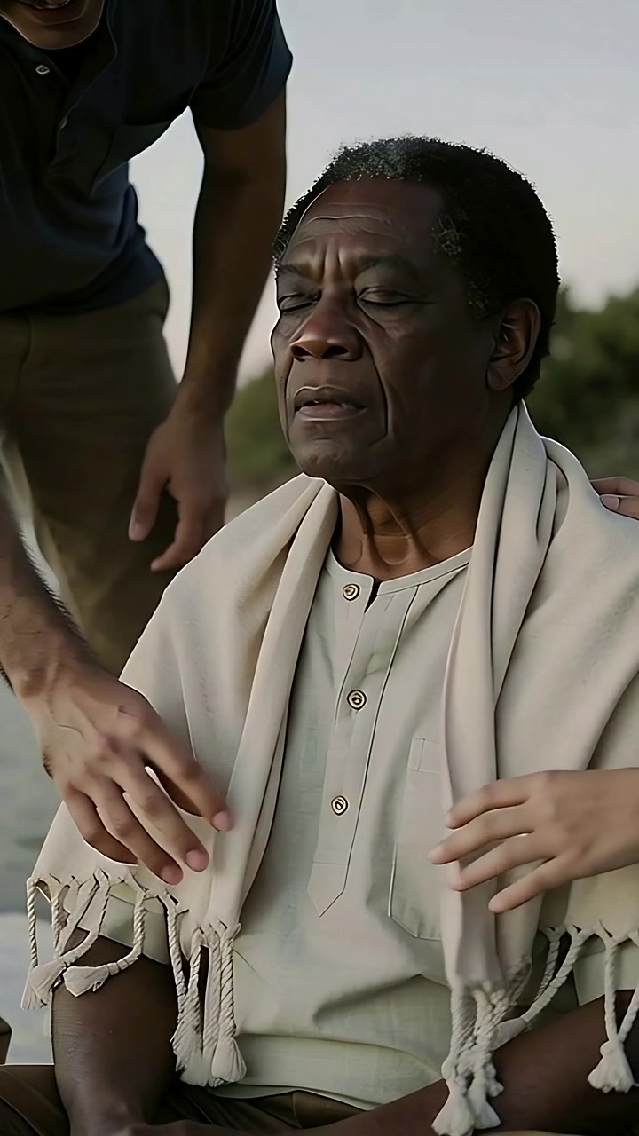 Vertical video: Unfolding fringed blanket, man draping seated elder in henley on shore for warmth