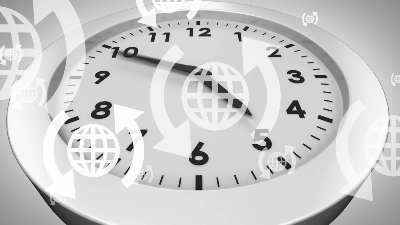 Animazione di icone di globi e frecce su orologio.
