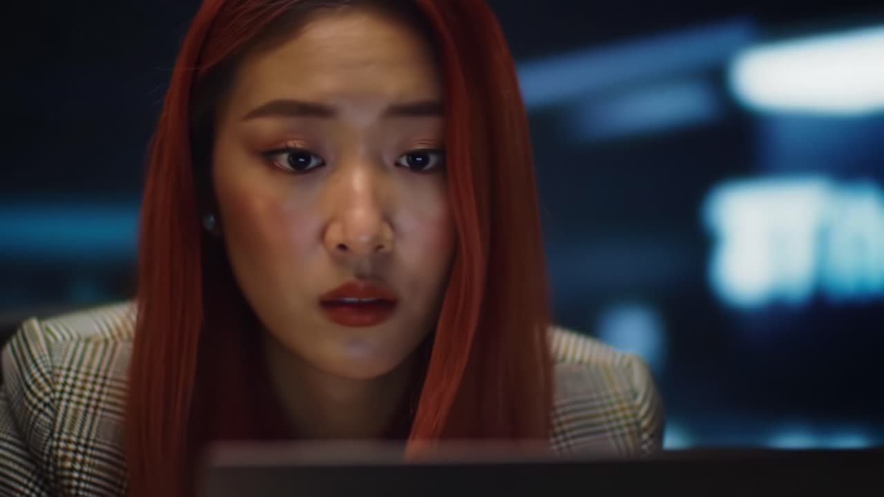 Focused Analysis: A Professional Woman Deeply Engaged with Her Work while Navigating Complex Challenges in a High-Tech Environment