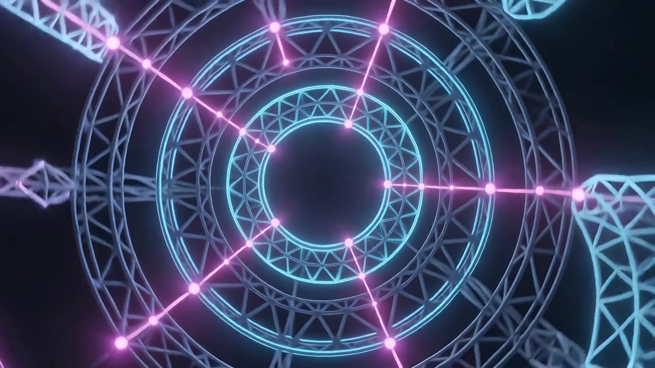 Anelli concentrici al neon animati su un palco digitale dopo la riproduzione, con raggi e nodi magenta pulsanti.