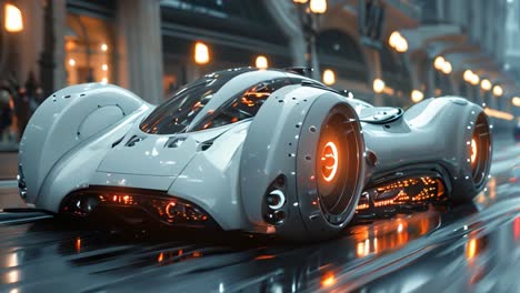 futuristic concept car with orange glow on a city street