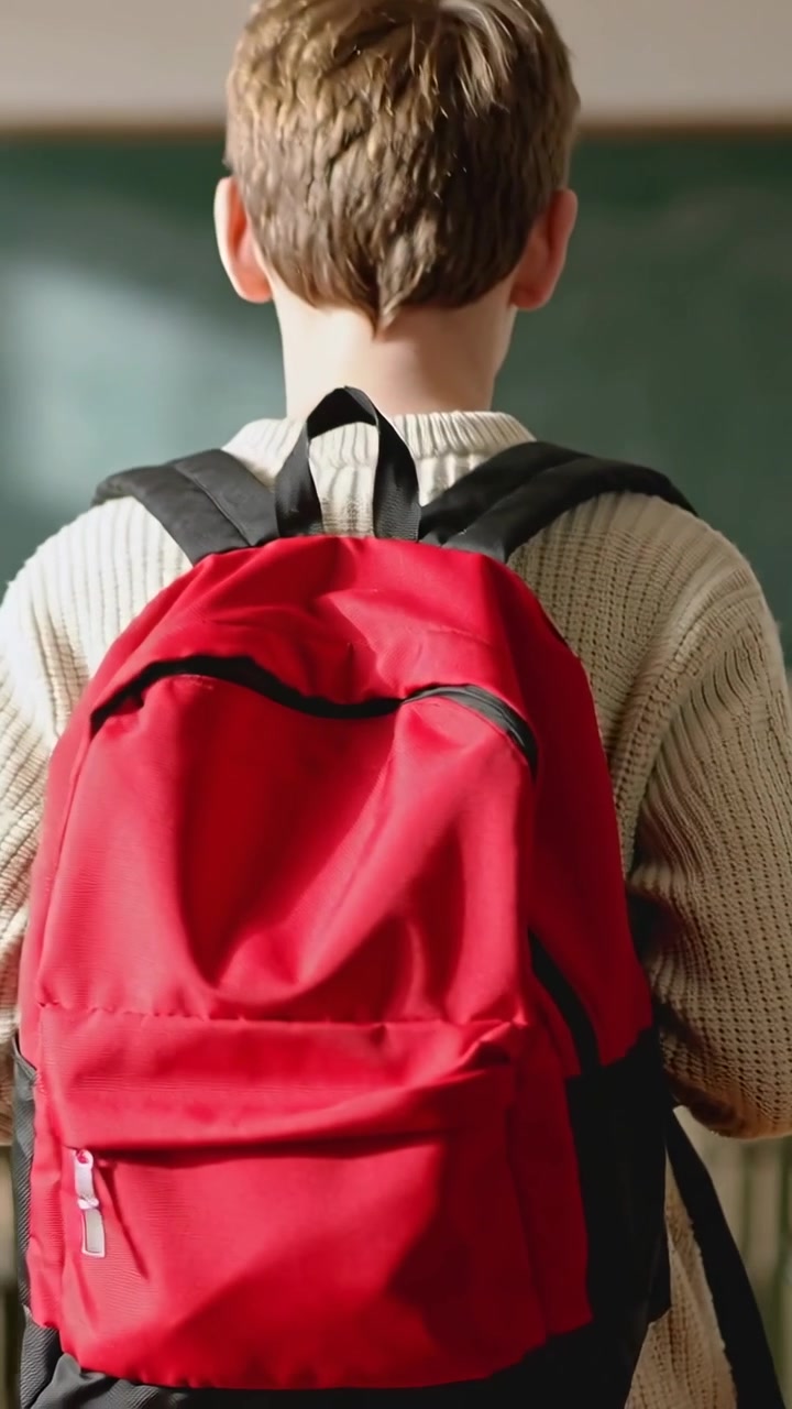 Vertical video: Pulling back camera boy walking to chalkboard in class with red backpack cream knit