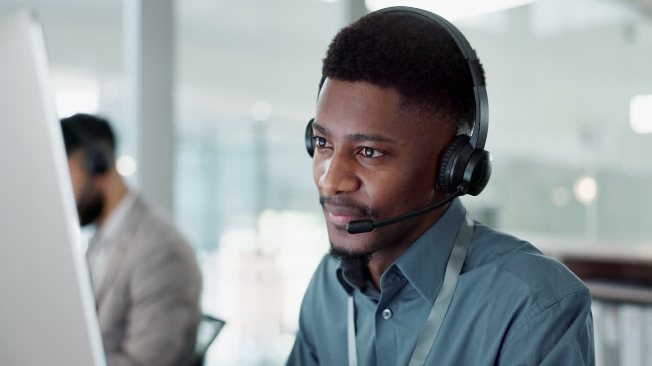 Happy black man, face and call center in customer