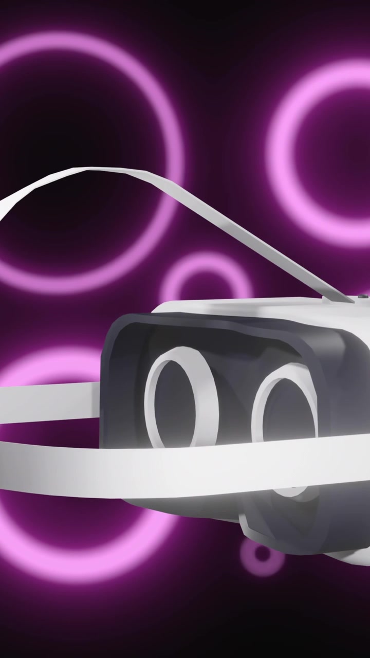 Animation of vr headset over purple neon circles and data processing
