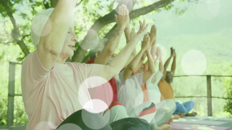 Animación-De-Puntos-De-Luz-Y-árboles-Sobre-Diversas-Personas-Mayores-Practicando-Yoga-En-El-Jardín