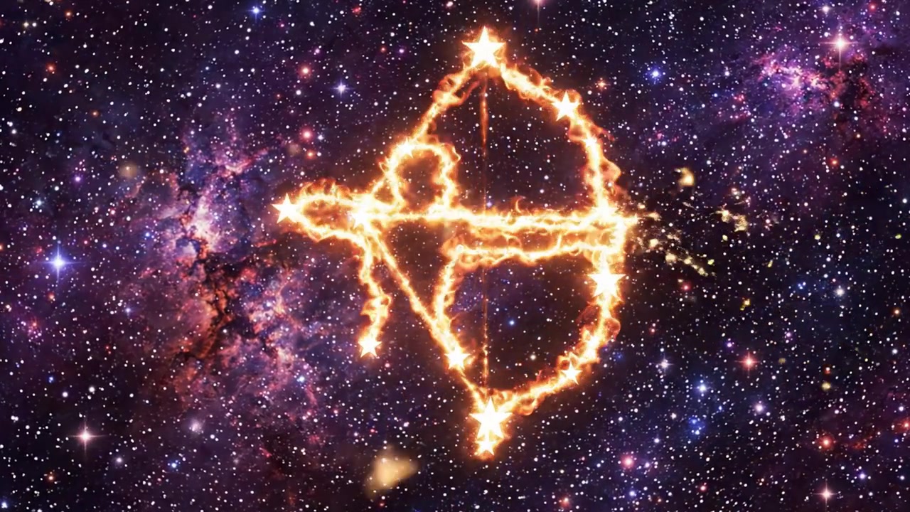 Un'insegna luminosa di tiro con l'arco nello spazio: una rappresentazione incantevole di elementi celesti, creata da stelle scintillanti su uno sfondo cosmico