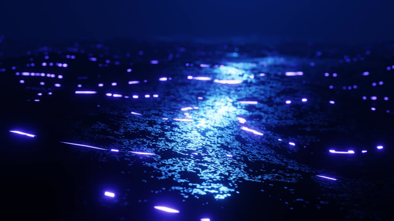 4k 루프 애니메이션: 평면에 하이테크 패턴을 비행, 네온 빛, 복잡한 구조, 3d 객체는 sf 표면 3d 패턴을 형성합니다.