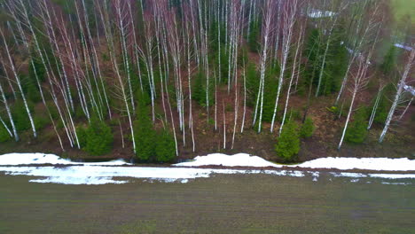 Drones-Aéreos-De-Izquierda-A-Derecha-Del-Camino-A-Lo-Largo-De-Las-Afueras-De-Un-Bosque-Cubierto-De-Manchas-De-Nieve-En-Un-Frío-Día-De-Invierno