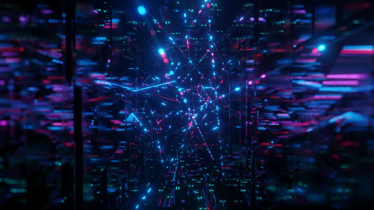 el objeto o estructura 3d gira y se mueve dentro del túnel de espejo de vidrio con luz de neón, reflejos brillantes. fantástico bg abstracto en bucle en 4k. vj bucle para el espectáculo. sci fi bg volar a través del túnel hi tech