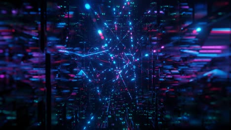 el objeto o estructura 3d gira y se mueve dentro del túnel de espejo de vidrio con luz de neón, reflejos brillantes. fantástico bg abstracto en bucle en 4k. vj bucle para el espectáculo. sci fi bg volar a través del túnel hi tech