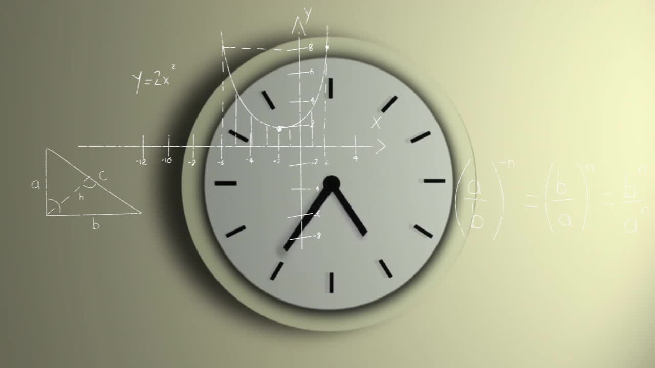 Clock showing time with mathematical equations animation over beige background