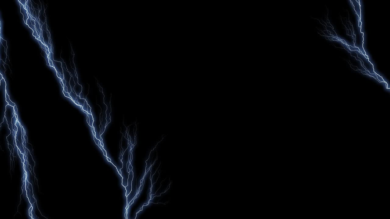 Lightning bolt / lightning strike, horizontal blue lightning forking and sparkling, video overlay, anime/ animated, black background