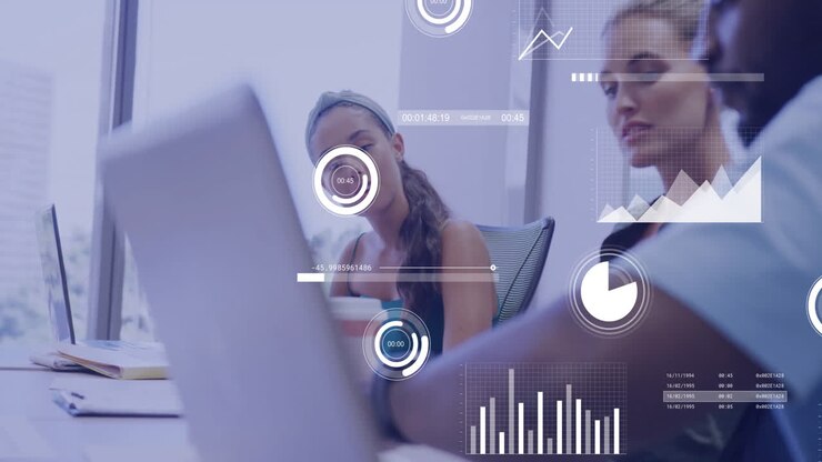 Animation of financial data processing over diverse business people in office