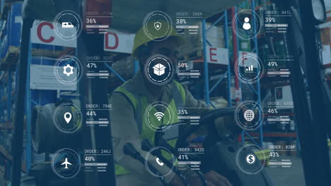 animation of digital data processing over biracial man working in warehouse