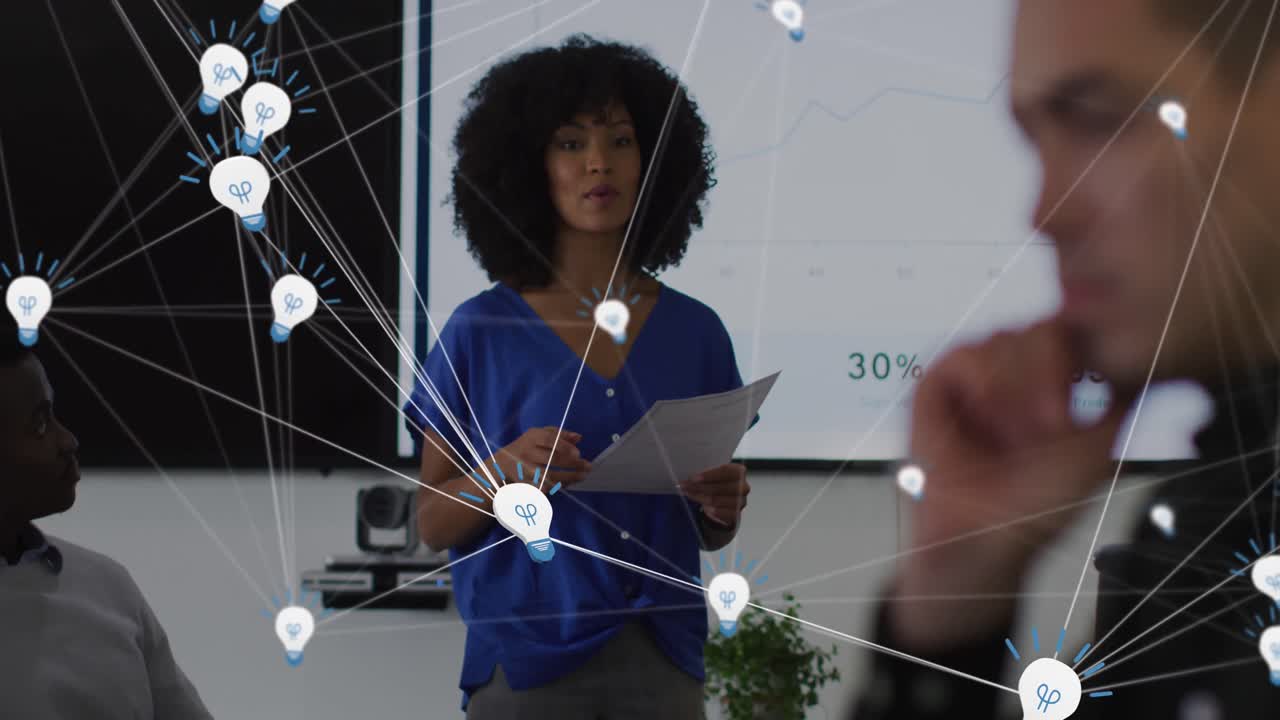 Animation of connections, statistics and data processing over diverse business people at meeting