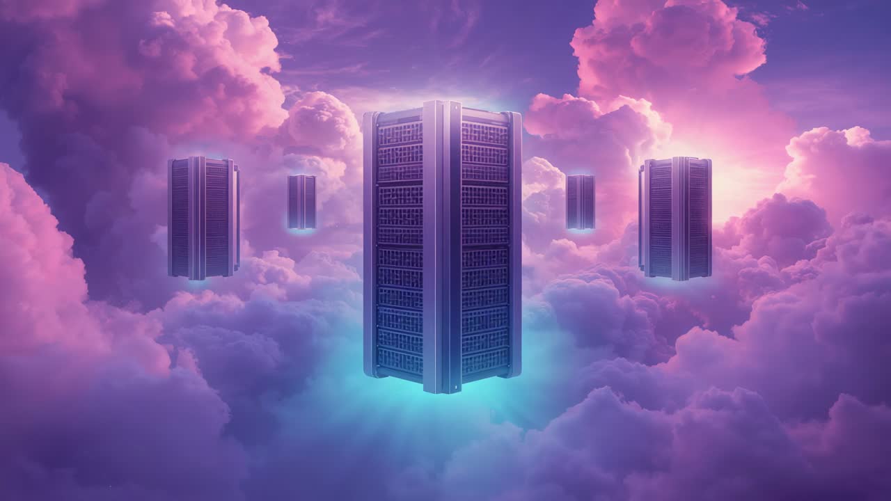 Camera panning revealing metallic server racks emerging above pink clouds under turquoise mist