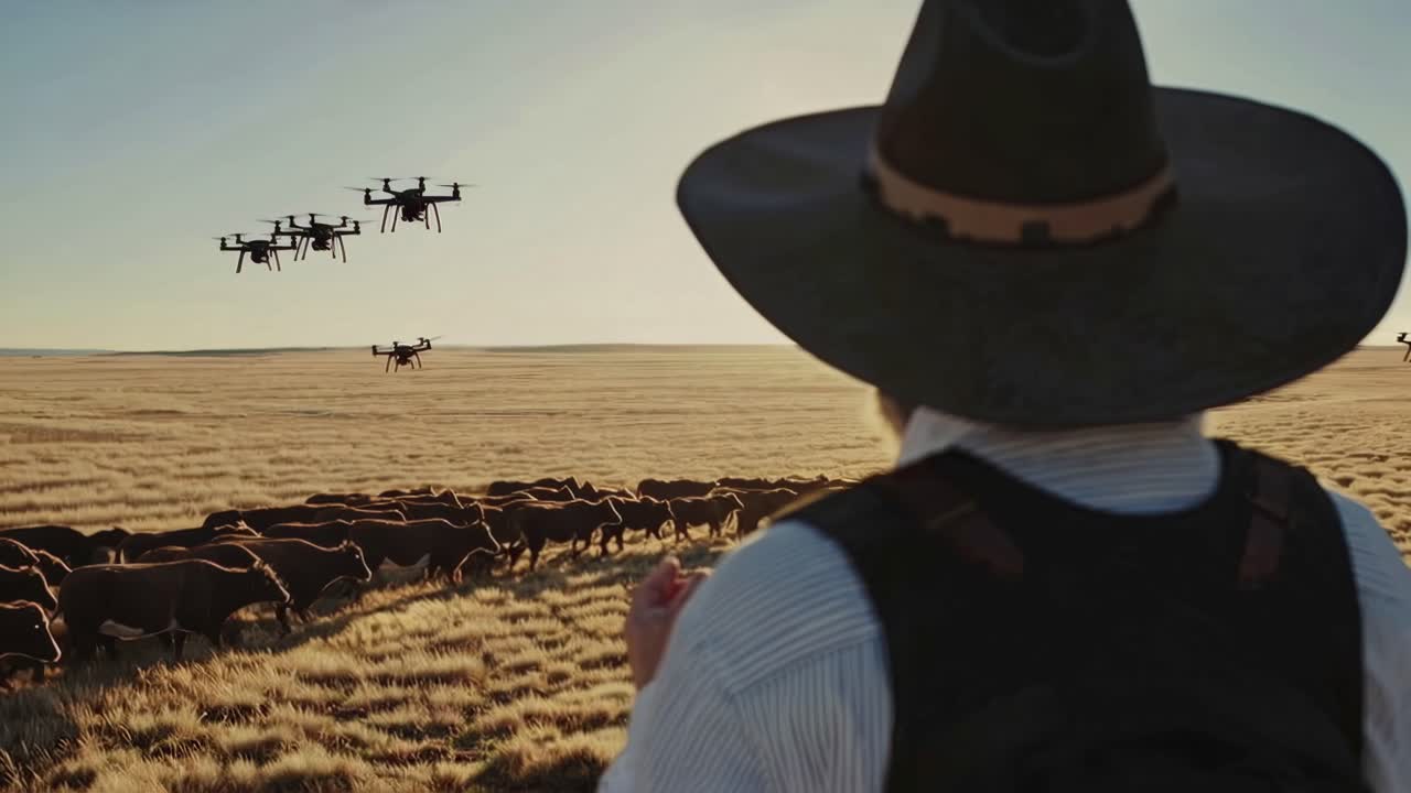 Drone Monitoring of Livestock on a Ranch at Sunrise