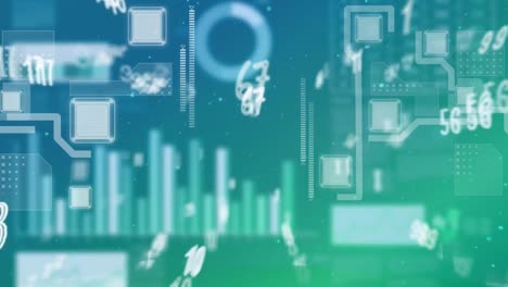 animation of numbers over integrated circuit on green background