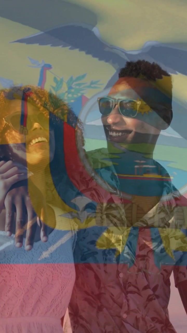 Vídeo vertical: Casal rindo enquanto a mulher coloca o braço no ombro do homem, com uma bandeira sobreposta para viagem.