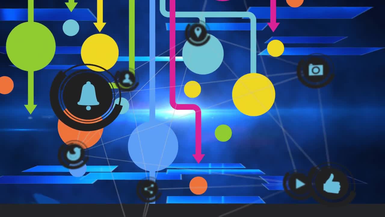 animación de iconos digitales a través de una red de conexiones sobre fondo azul